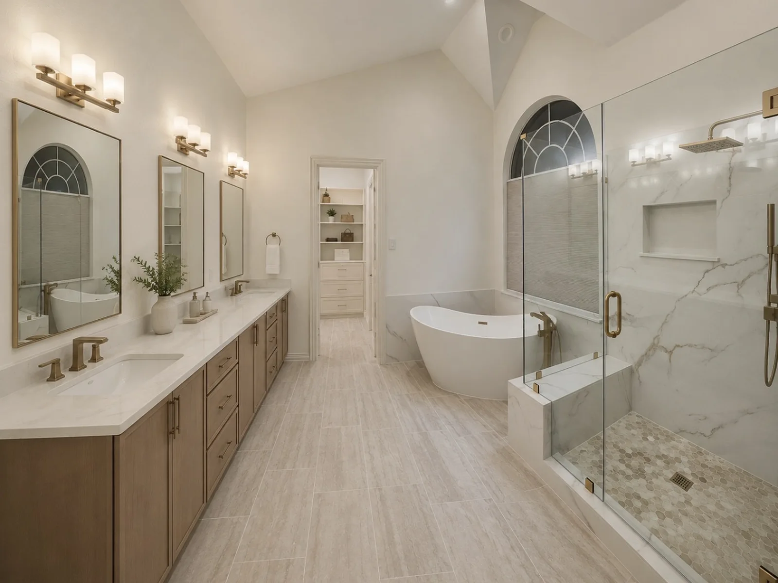 Full bathroom remodel with custom vanity mirrors, lighting and freestanding tub