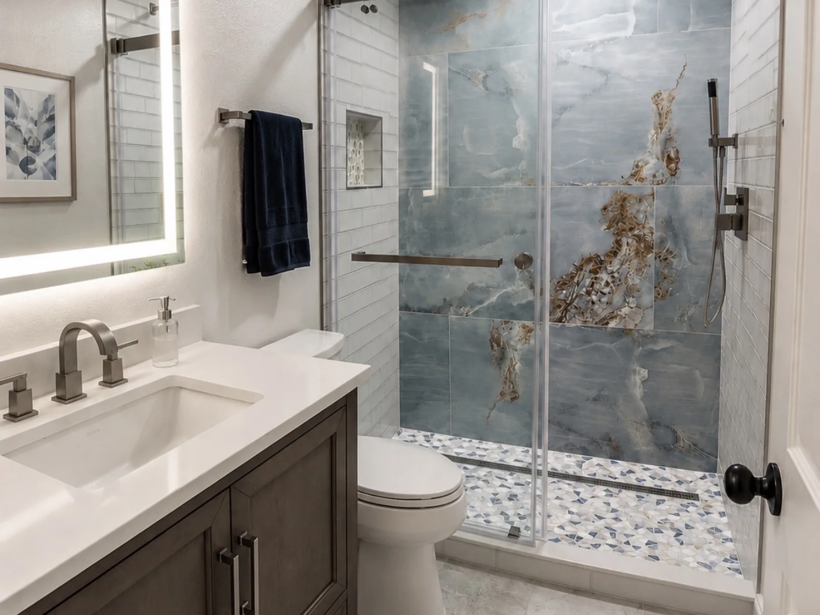Full bathroom remodel with accent wall, subway tile, new vanity and LED mirror