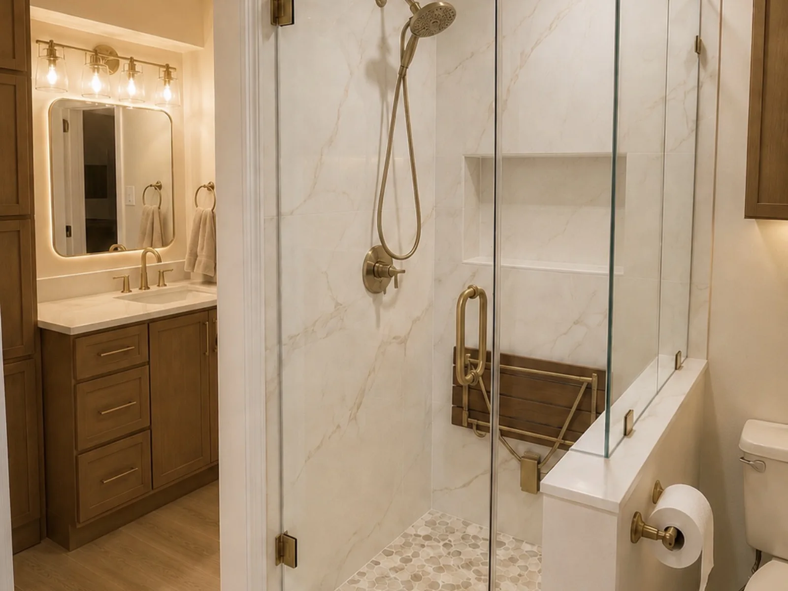 Full bathroom remodel with shower, ADA seat and custom vanity