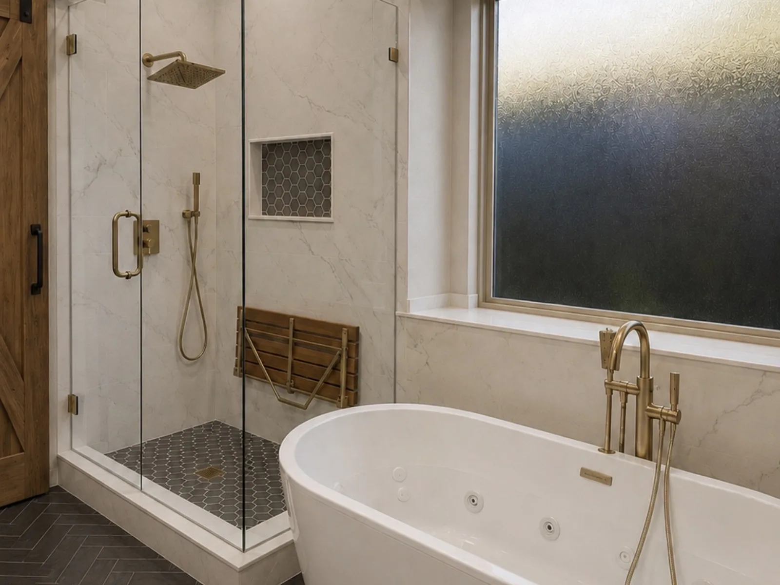 Shower remodel with fold-out bench and whirlpool tub
