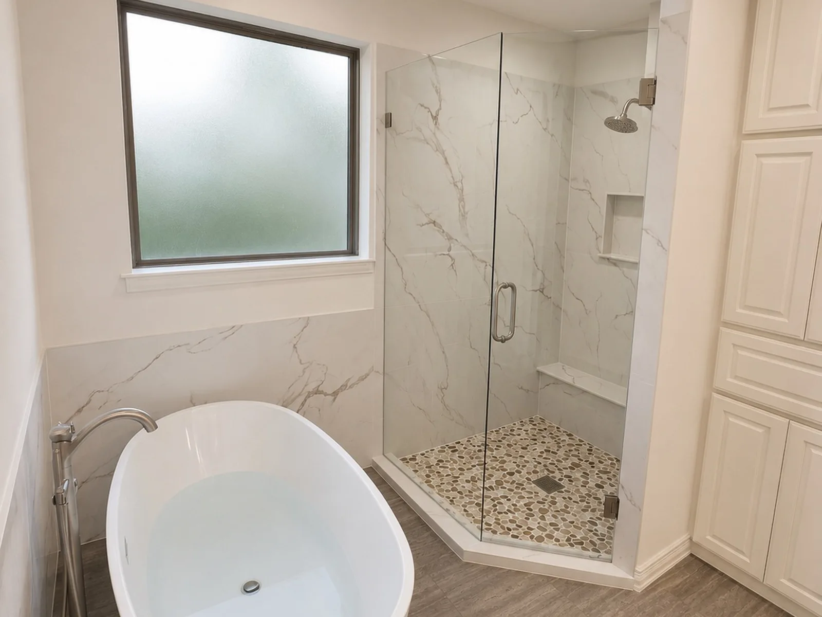 Shower remodel with freestanding tub