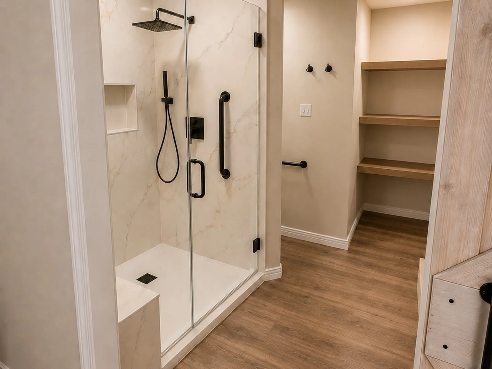 Tub-to-shower conversion paired with shower-to-linen storage