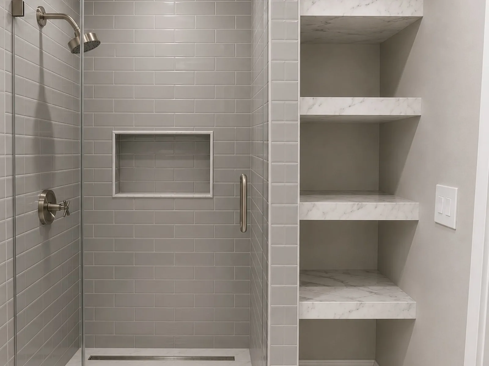 Walk-in shower remodel with custom open shelving