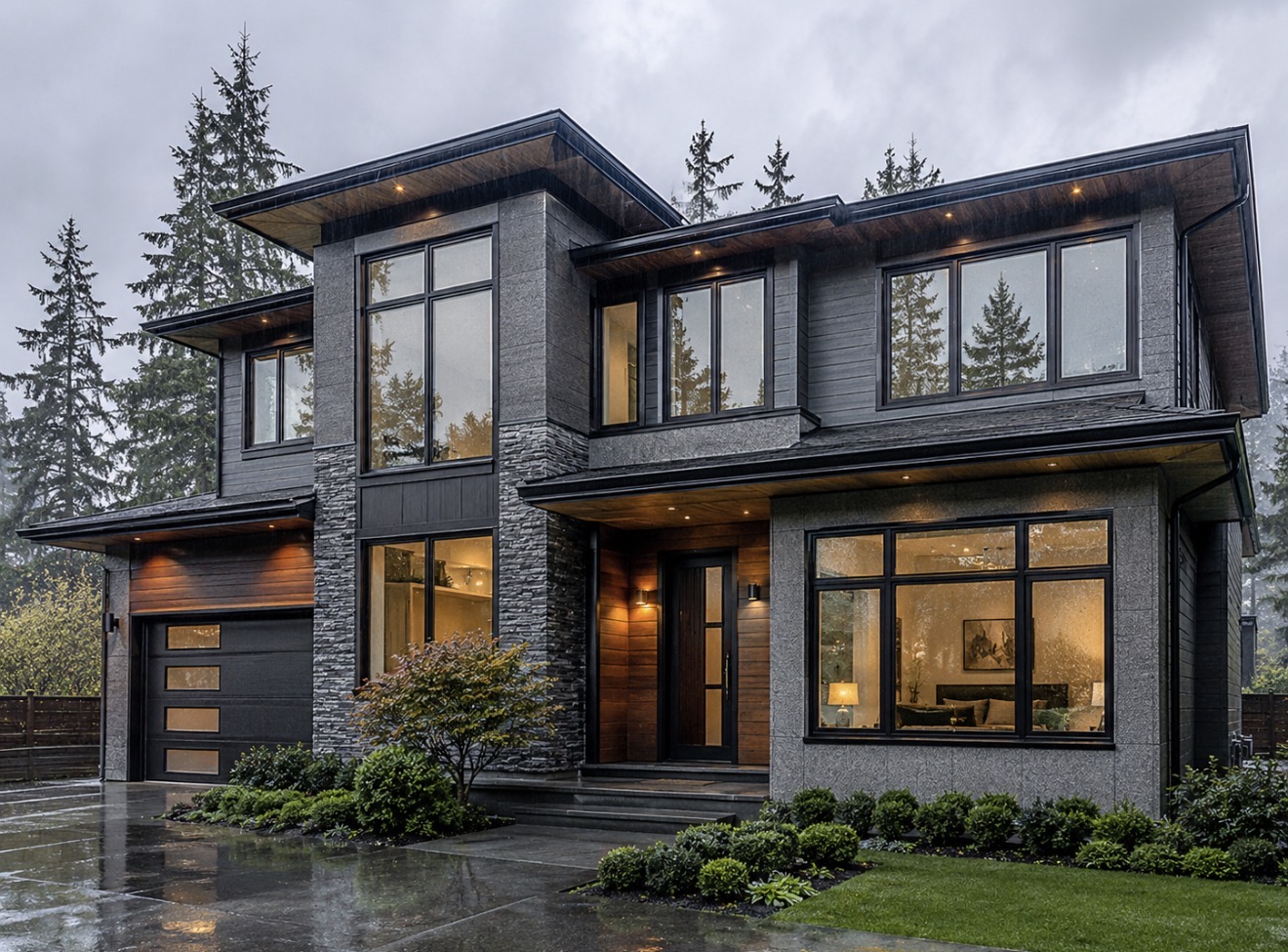 Modern dark home with large windows