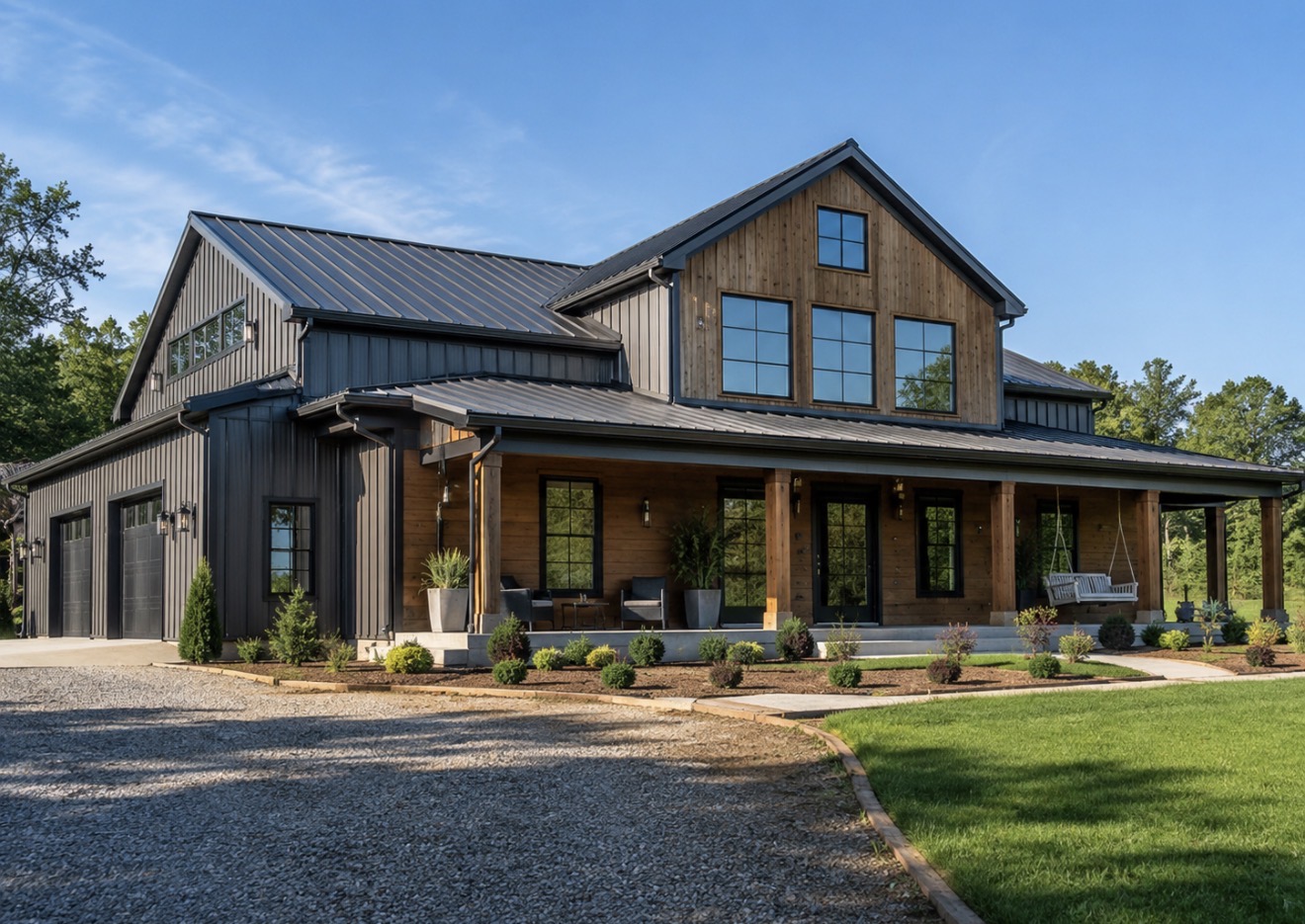 Modern farmhouse with dark windows