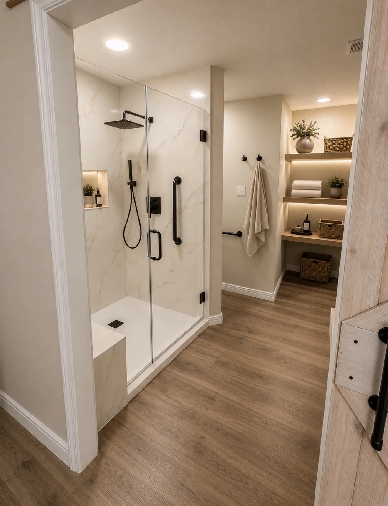 Accessible tub-to-shower conversion with frameless glass, grab bar, built-in bench, black fixtures, illuminated open shelving and new flooring