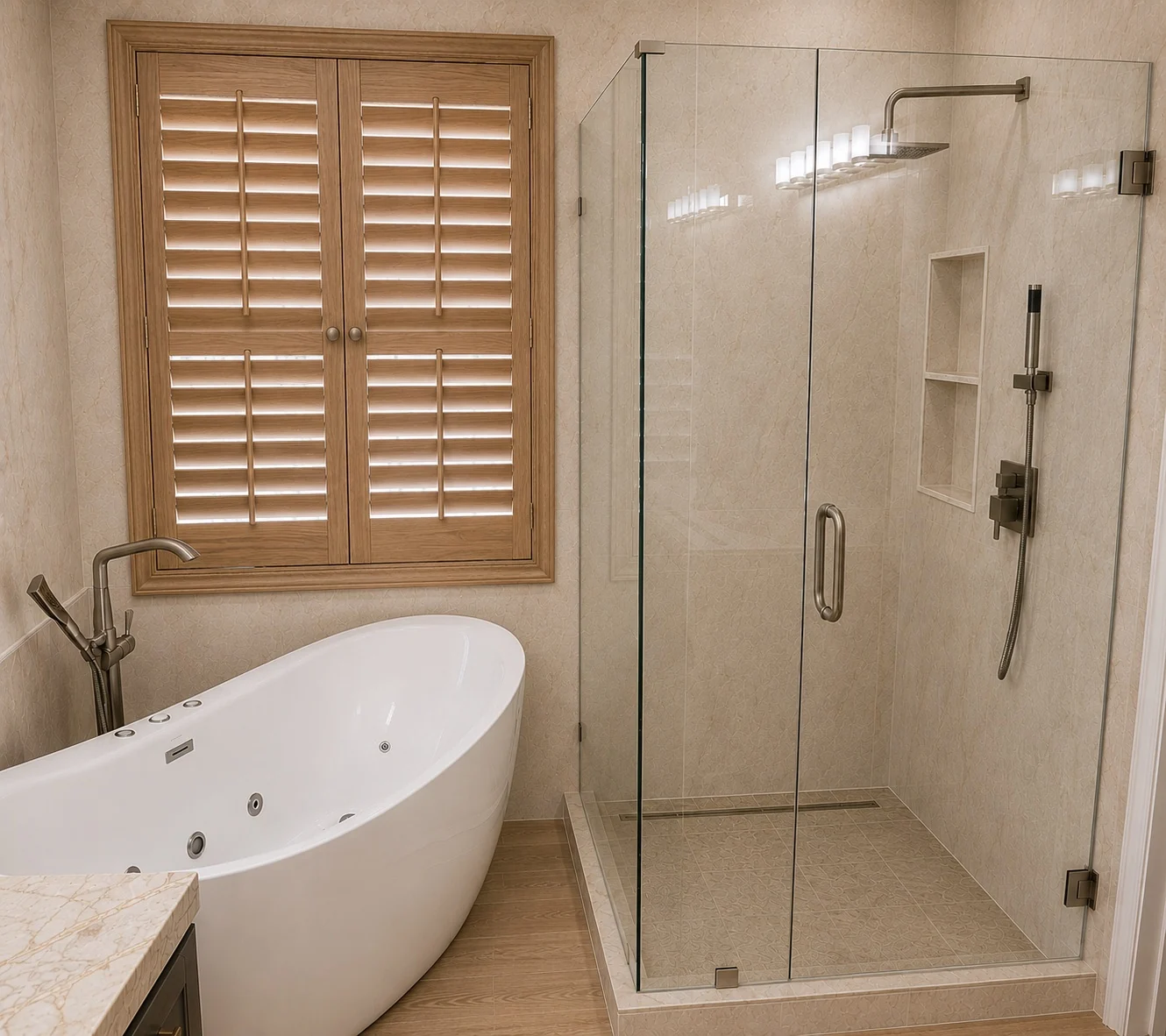 Completed Cooper bathroom with custom shower and freestanding tub