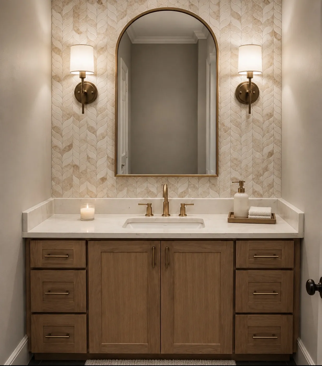 Custom bathroom vanity with warm wood cabinetry, quartz countertop, mosaic accent wall, champagne bronze fixtures, beaded arched mirror and sconces