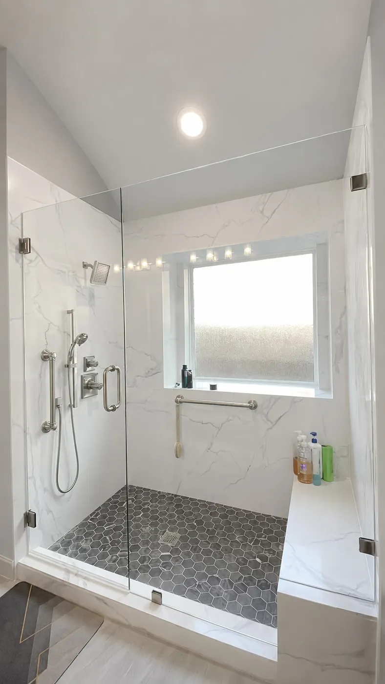 Enlarged walk-in shower with stone walls, gray hexagon mosaic floor, custom bench, grab bars, Delta system and rain glass window