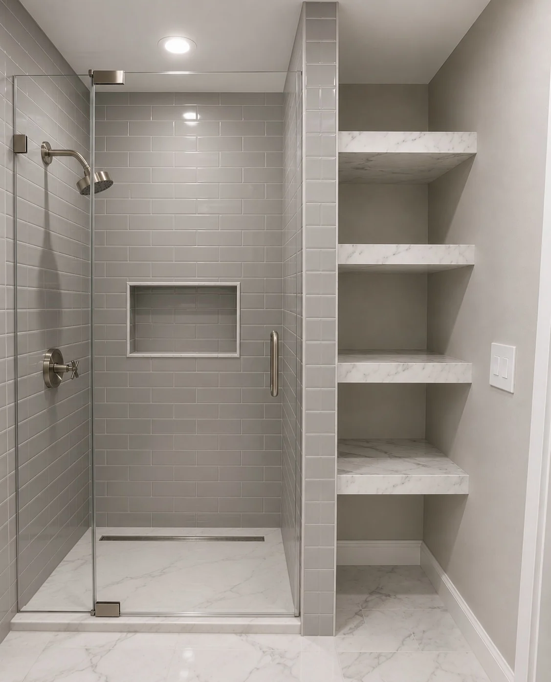 Completed shower remodel with adjacent open linen storage