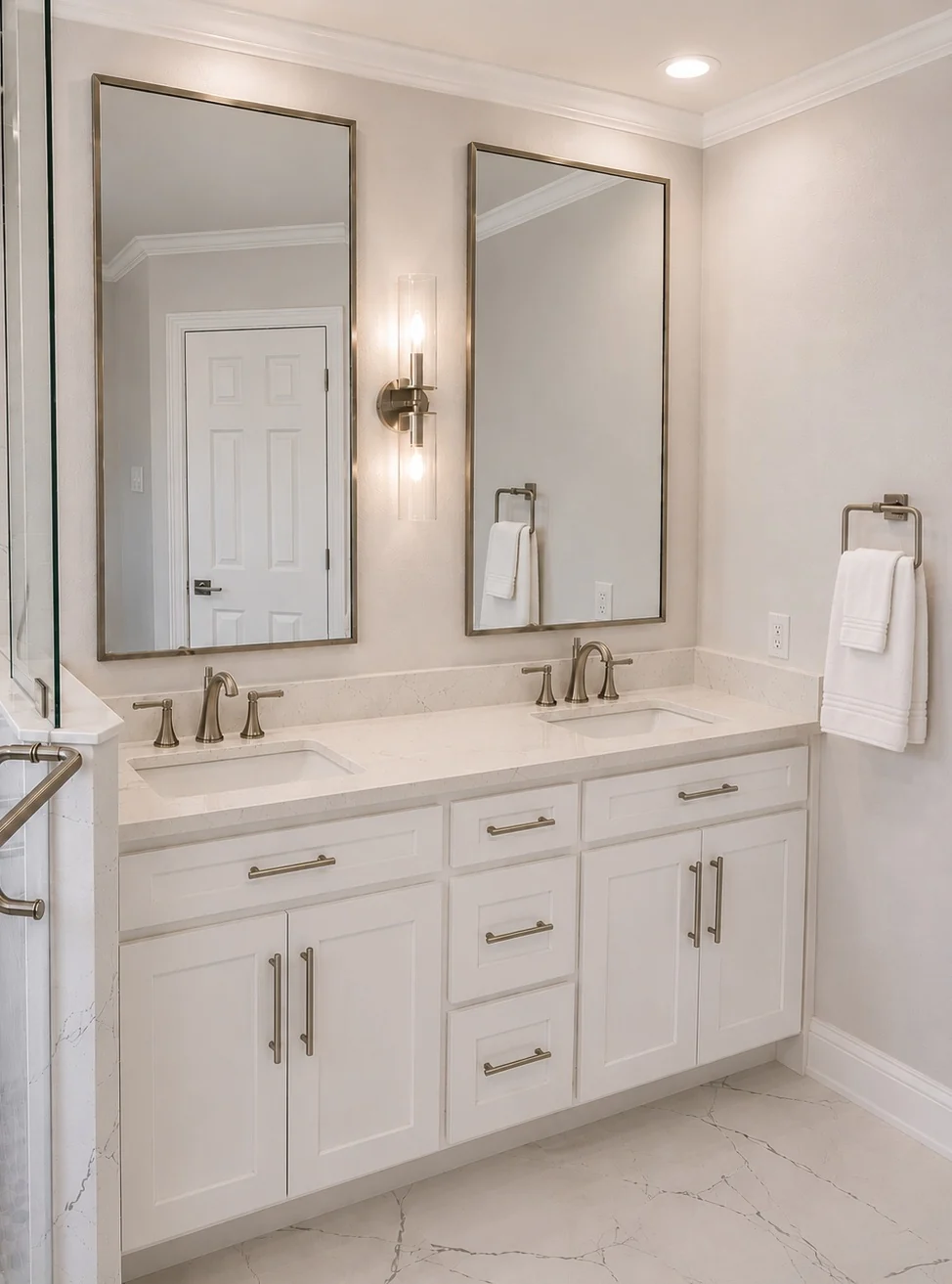 Completed luxury bathroom with freestanding tub and frameless shower