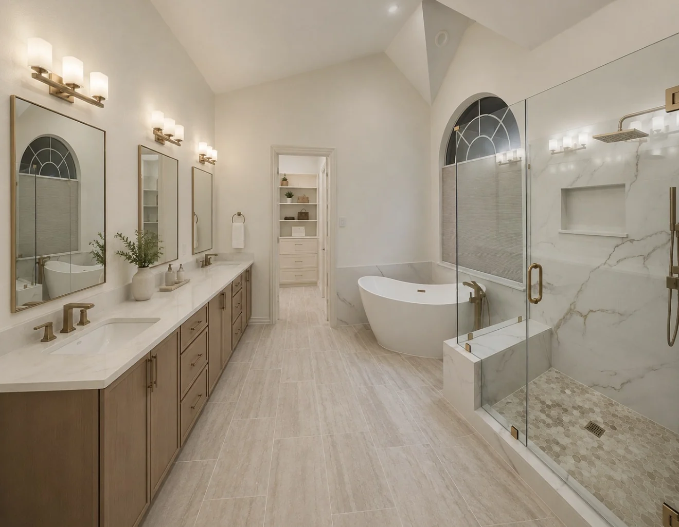 Luxury full bathroom remodel with custom double vanity, freestanding tub, black grid glass shower, arched window and built-in storage