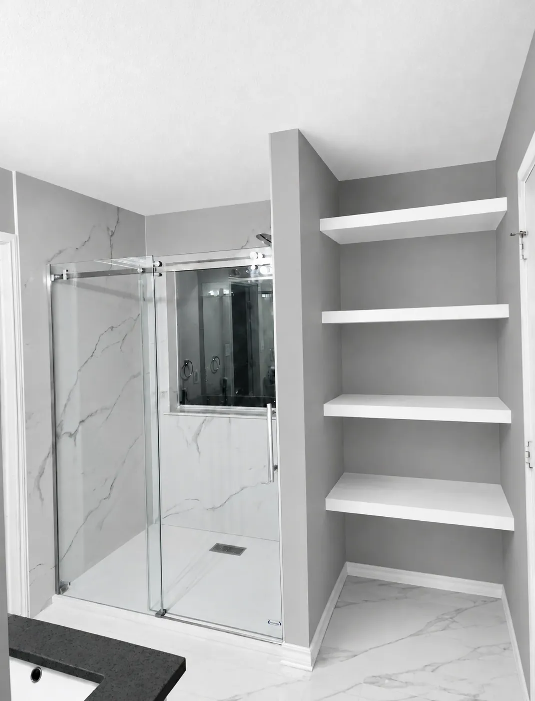 Linen closets, open shelving, hamper space and wall cabinets.