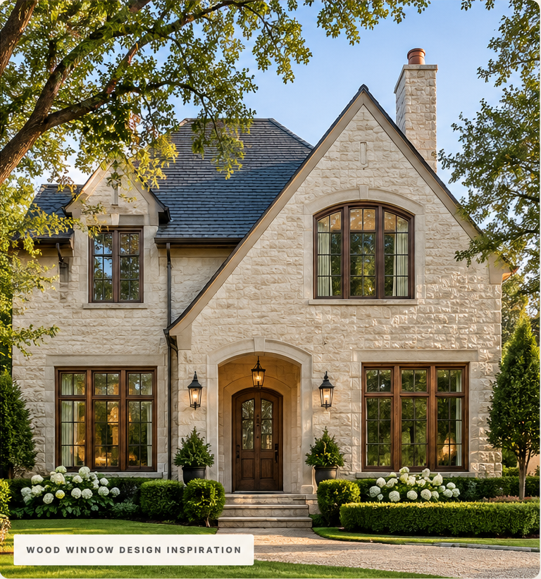 House exterior with real wood-framed windows