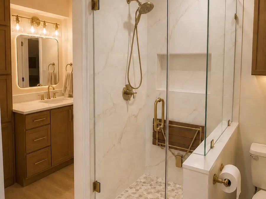 Walk-in shower with fold-down seat and pebble floor