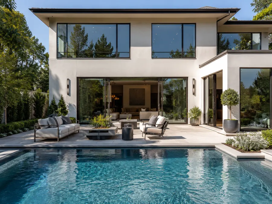 Bronze picture windows and sliding patio door