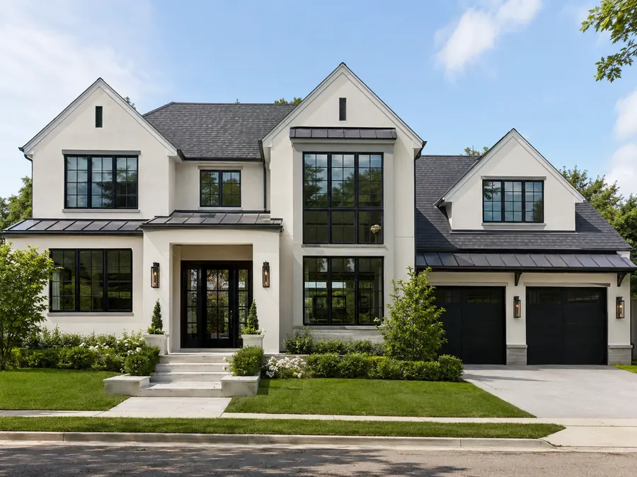 Modern white home with black grid replacement windows