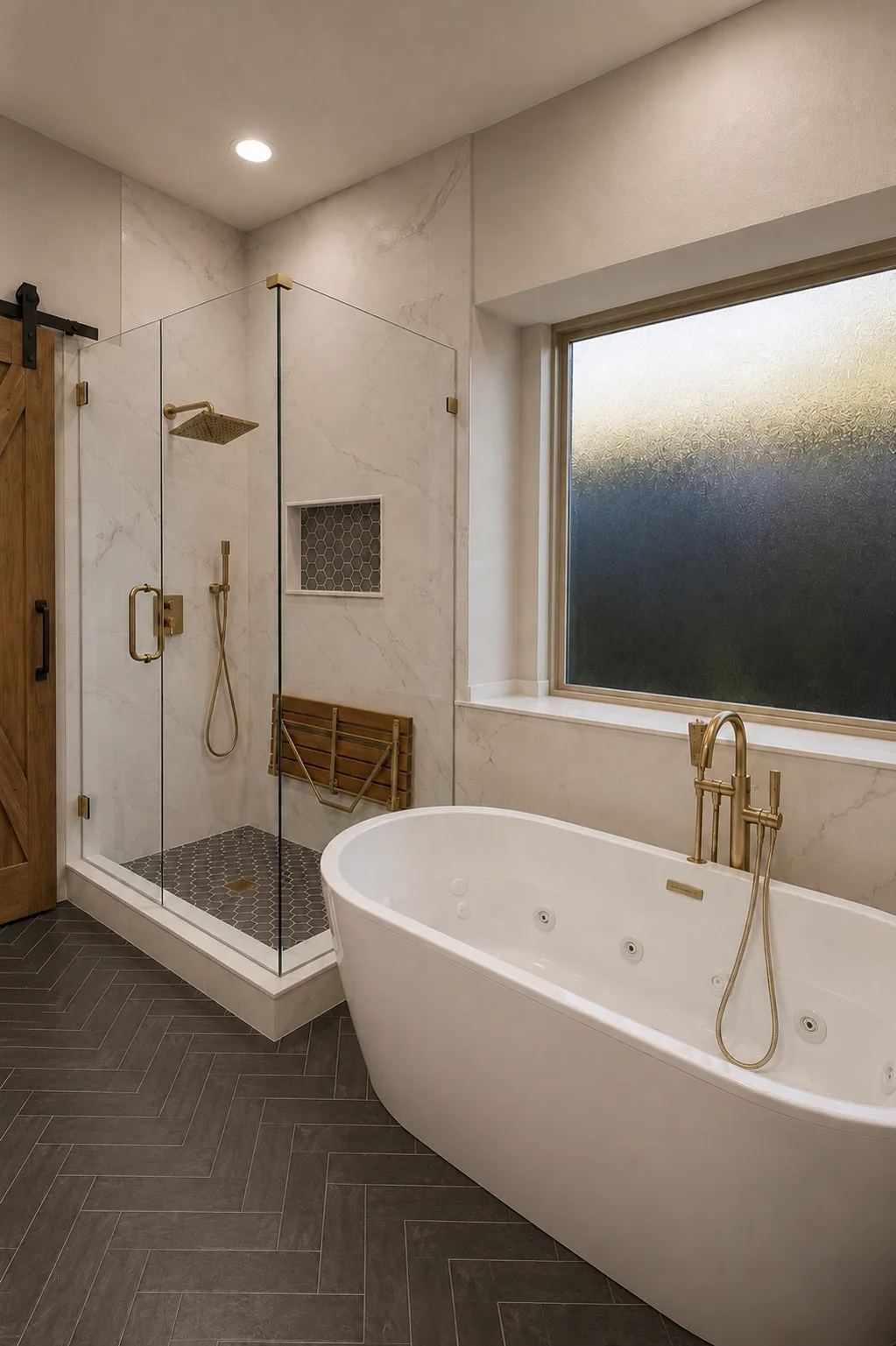 Whirlpool tub and herringbone floor